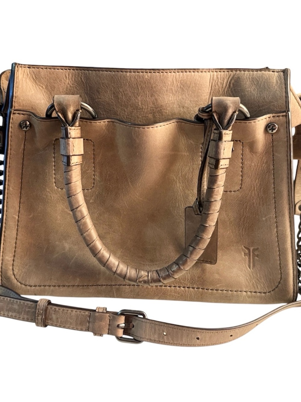 Frye Demi Leather Satchel Crossbody Bag Boho Taupe Gray Like New with Care Tags - Picture 4 of 11